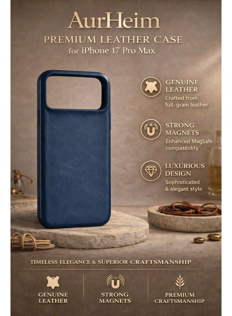 Aurheim iPhone 17 Pro Max LEATHER Case , Premium Handmade Cover with MagSafe Compatibility, Metallic Buttons, Military-Grade Protection, Anti-Scratch, Microfiber Lining (Navy Blue) - Image 2
